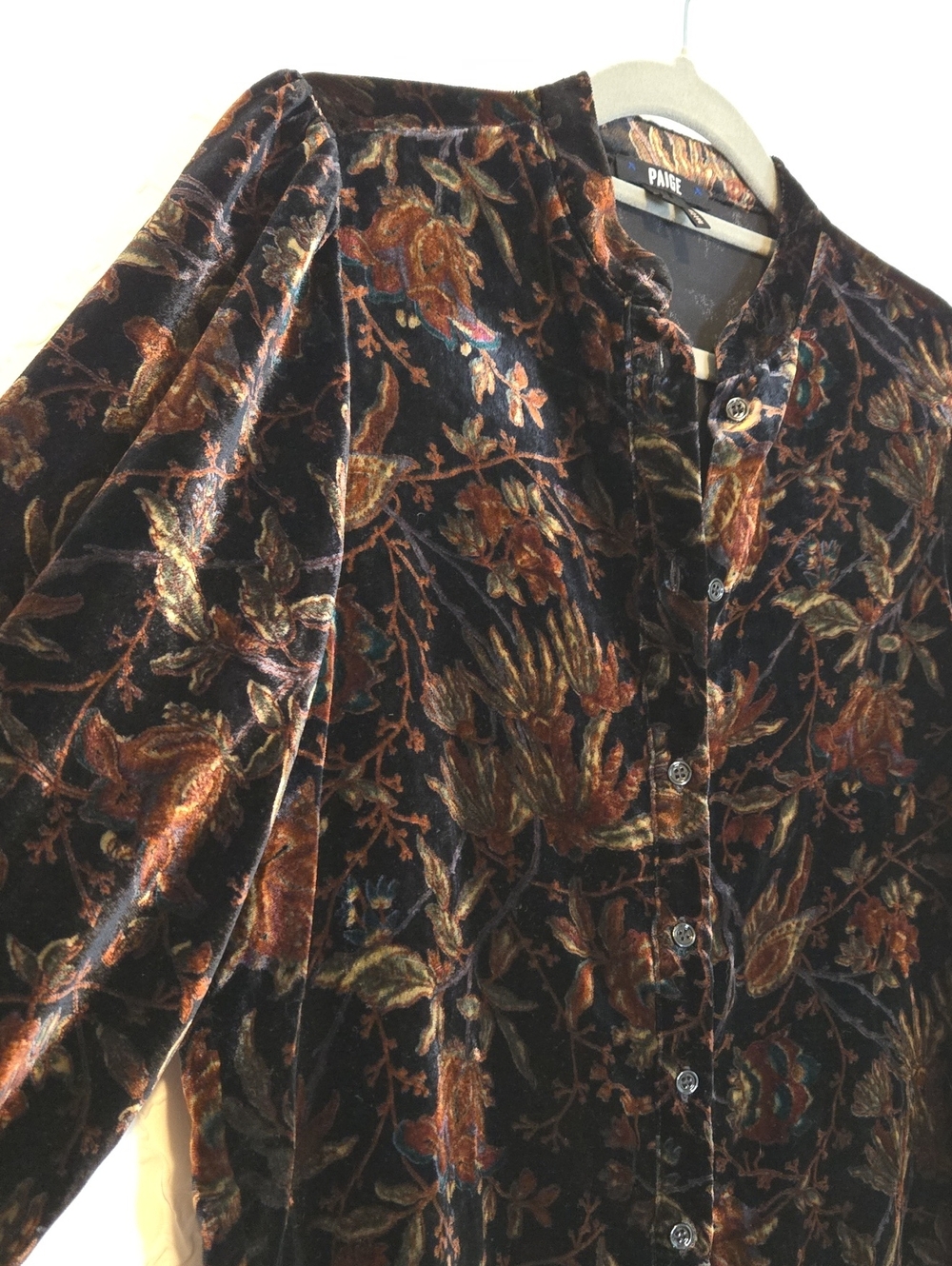 Paige Velvet Burnout Floral Button Down Shirt With Belled Sleeves, Size XS